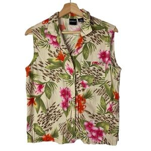 Erika Beige Tropical Pink & Green Floral Button Down Tank Top S‎
